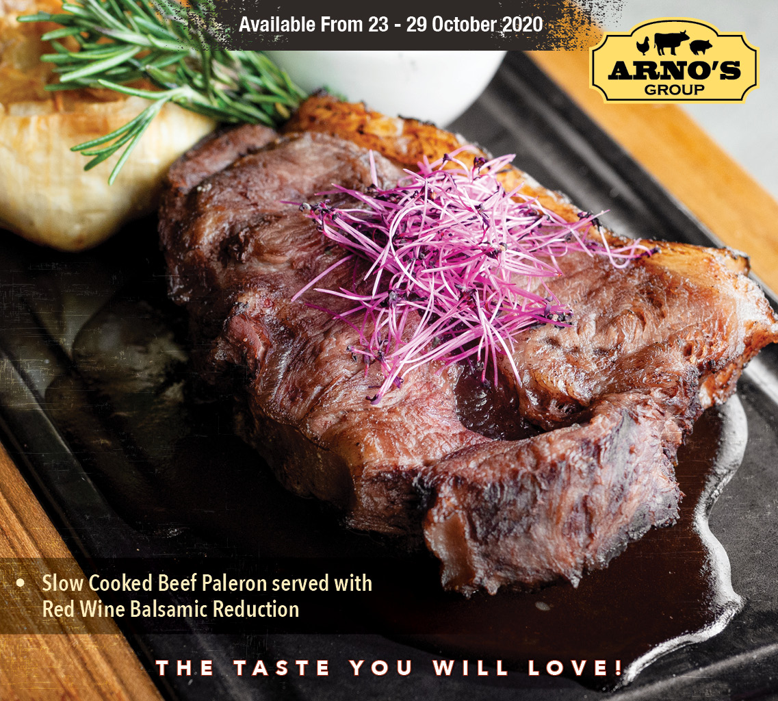 Slow Cooked Beef Paleron served with Red Wine Balsamic Reduction Arno