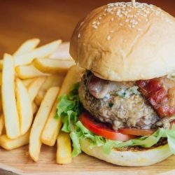 Spicy Pork Burger200 gr. Ground pork tenderloin, caramelized onions, tomatoes, lettuce and bacon Spicy Pork Burger 200 gr. Ground pork tenderloin, caramelized onions, tomatoes, lettuce and bacon