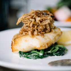 Snowfish with Truffle Sauce and Sauteed Spinach Snowfish with Truffle Sauce and Sauteed Spinach